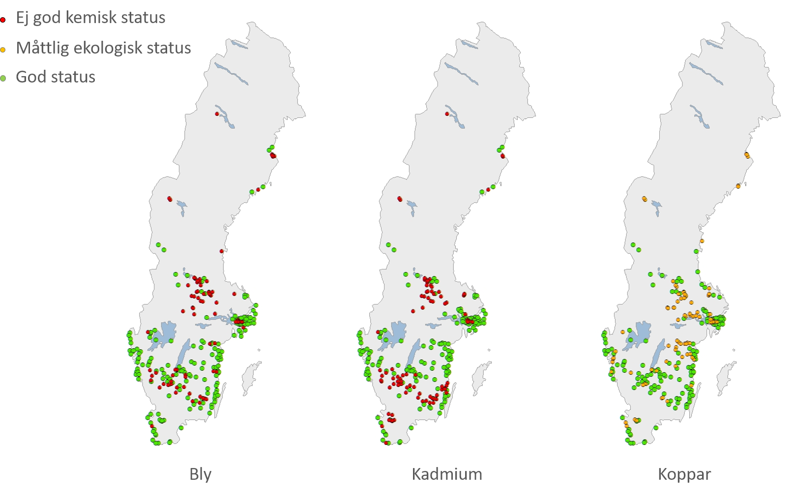 Bilden beskriver arsenik, kadmium och blyföroreningar i svenska sedimentföroreningar