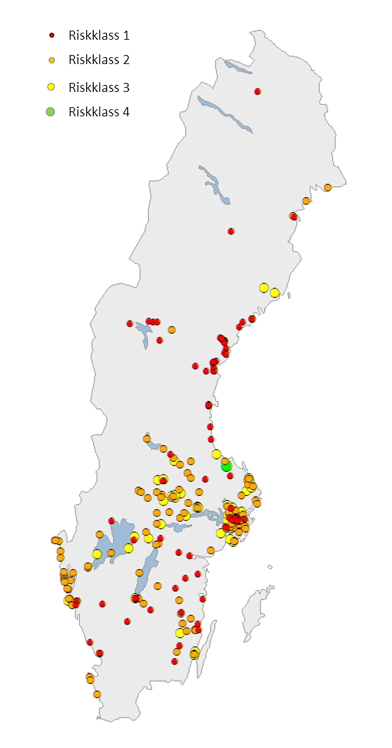 Karta med riskklassade objekt i EBH-stödet