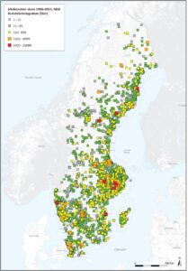 Sverigekarta med utpekade släckinsatser med brandsläckningsskum