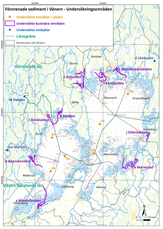 Karta från SGU-rapport 2021:21 Förorenade sedimentområden i Vänern